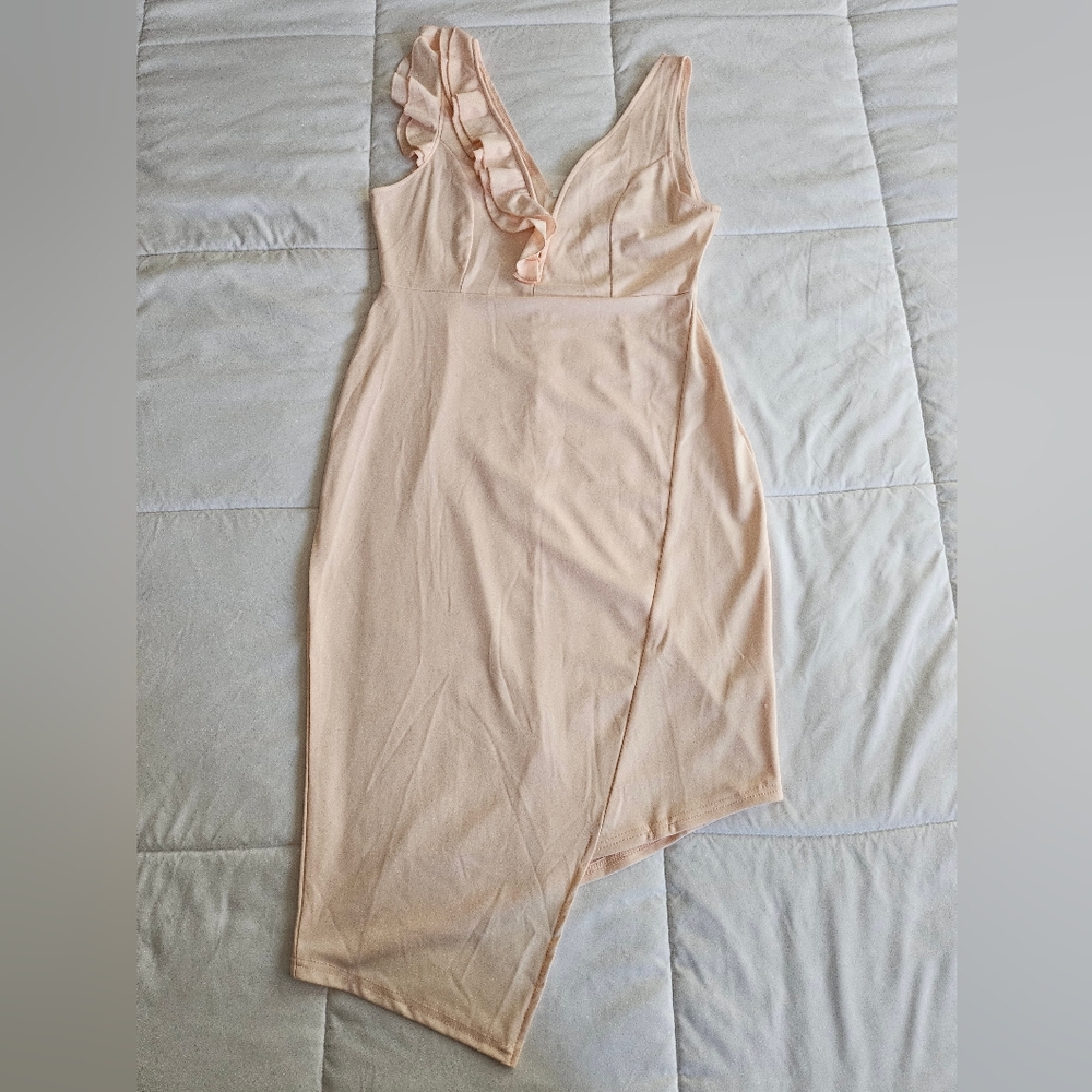 Chic Asymmetrical Peach Dress with Ruffle Detail